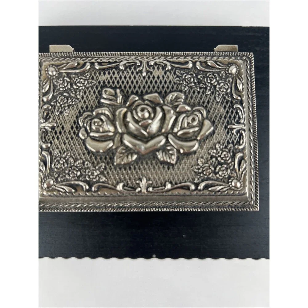 Silver Plated Pewter Rose Jewelry Box Trinket Box Velvet Lined Footed Vintage